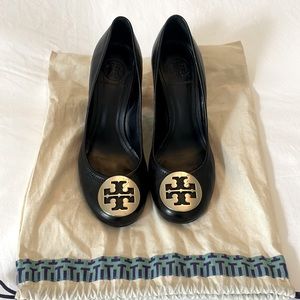 Tory Burch Black Leather Wedge Pumps